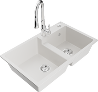 Mexen Tomas granite 2-bowl kitchen sink with Savita tap, white - 6516-20-672601-00