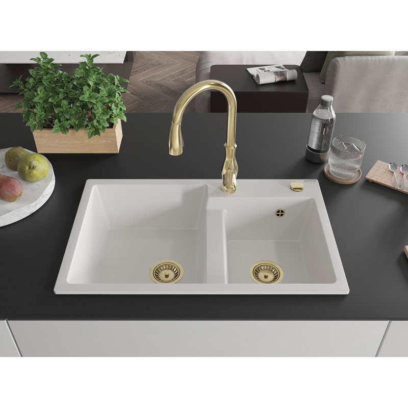 Mexen Tomas granite kitchen sink 2-bowl with Savita kitchen faucet, white - 6516-20-672601-50