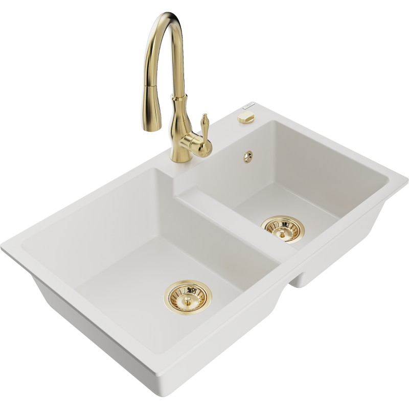 Mexen Tomas granite kitchen sink 2-bowl with Savita kitchen faucet, white - 6516-20-672601-50