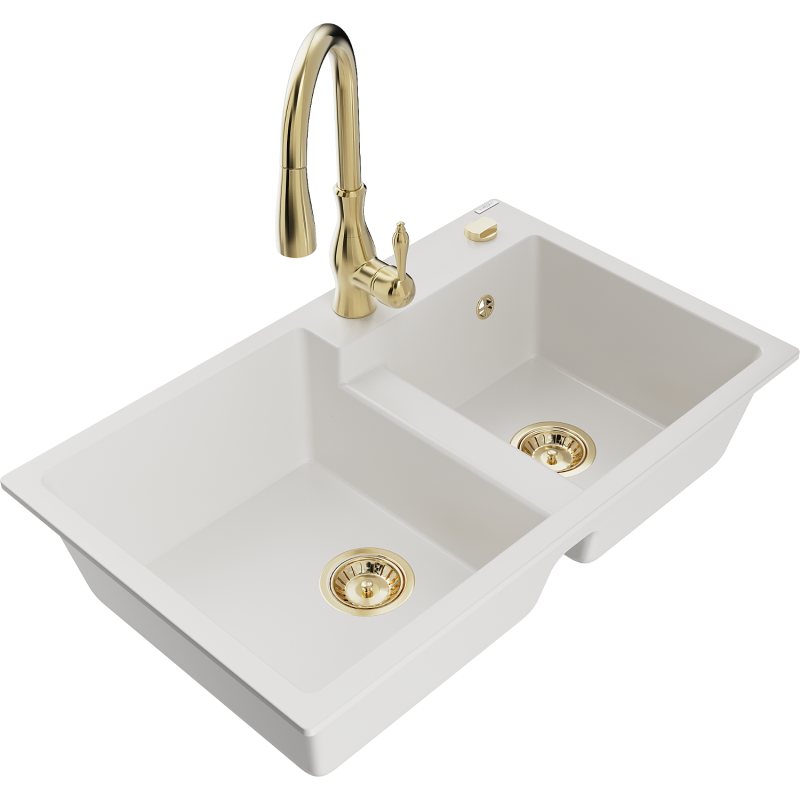 Mexen Tomas lavello in granito a 2 vasche con rubinetto da cucina Savita, bianco - 6516-20-672601-50