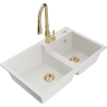 Mexen Tomas granite kitchen sink 2-bowl with Savita kitchen faucet, white - 6516-20-672601-50