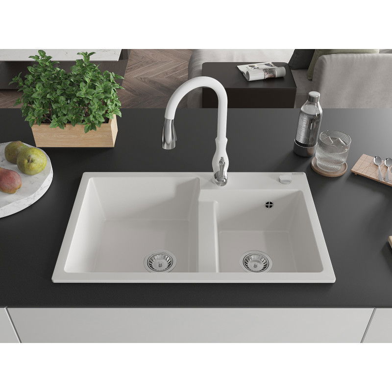 Mexen Tomas granite kitchen sink 2-bowl with Savita kitchen tap, white - 6516-20-672601-20