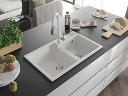 Mexen Tomas granite kitchen sink 2-bowl with Savita kitchen tap, white - 6516-20-672601-20