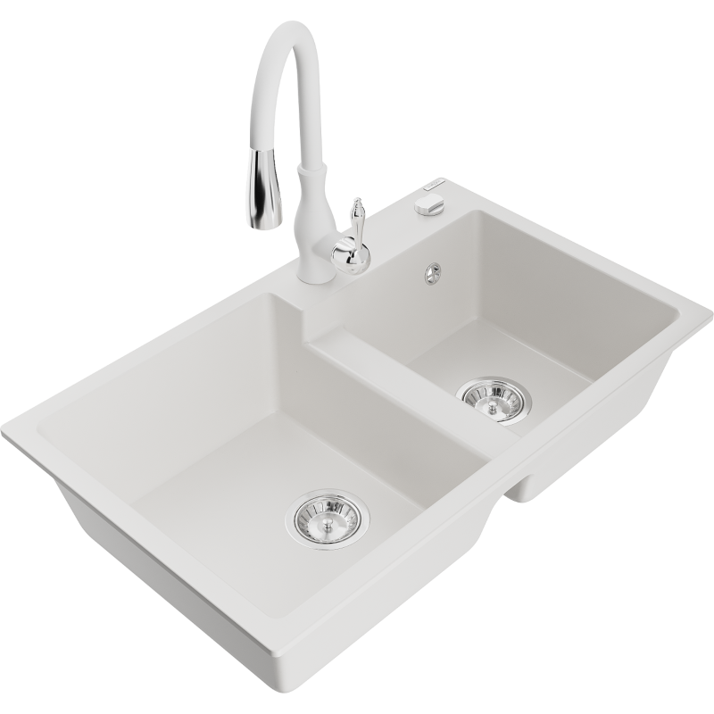 Mexen Tomas granite kitchen sink 2-bowl with Savita kitchen tap, white - 6516-20-672601-20