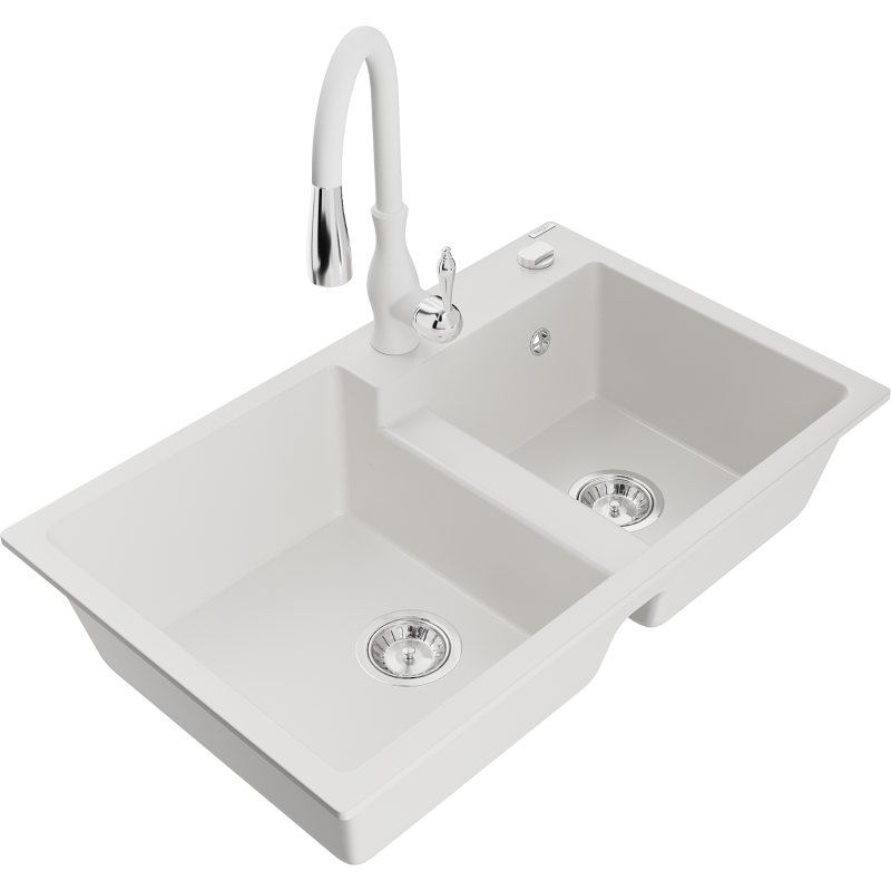 Mexen Tomas lava-louça de granito de 2 cubas com torneira de cozinha Savita, branco - 6516-20-672601-20