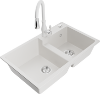 Mexen Tomas granite kitchen sink 2-bowl with Savita kitchen tap, white - 6516-20-672601-20