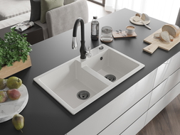 Mexen Tomas fregadero de granito de 2 senos con grifo de cocina Savita, blanco - 6516-20-672601-70