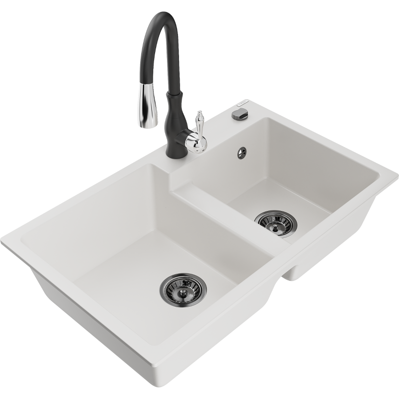 Mexen Tomas fregadero de granito de 2 senos con grifo de cocina Savita, blanco - 6516-20-672601-70