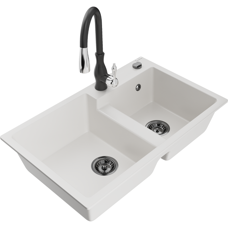 Mexen Tomas graniittinen 2-osainen keittiöallas Savita-keittiöhanalla, valkoinen - 6516-20-672601-70