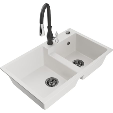 Mexen Tomas 2-bowl granite kitchen sink with Savita faucet, white - 6516-20-672601-70