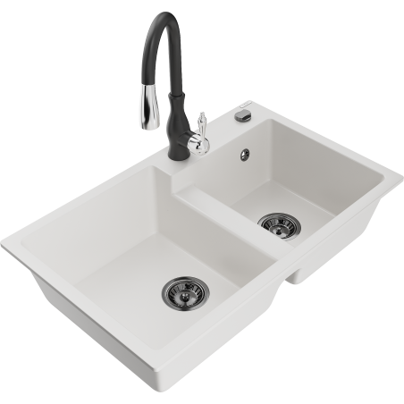 Mexen Tomas granite double-bowl sink with Savita kitchen tap, white - 6516-20-672601-70