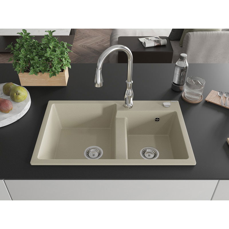 Mexen Tomas lavello in granito a 2 vasche con rubinetto da cucina Savita, beige - 6516-69-672601-00