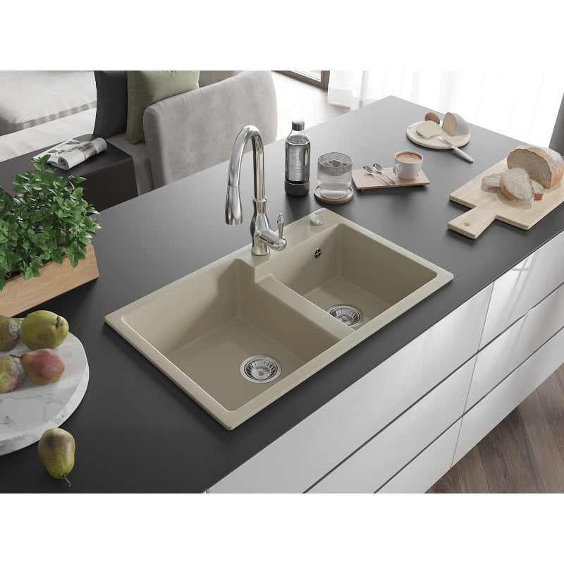 Mexen Tomas granite kitchen sink 2-bowl with Savita kitchen tap, beige - 6516-69-672601-00