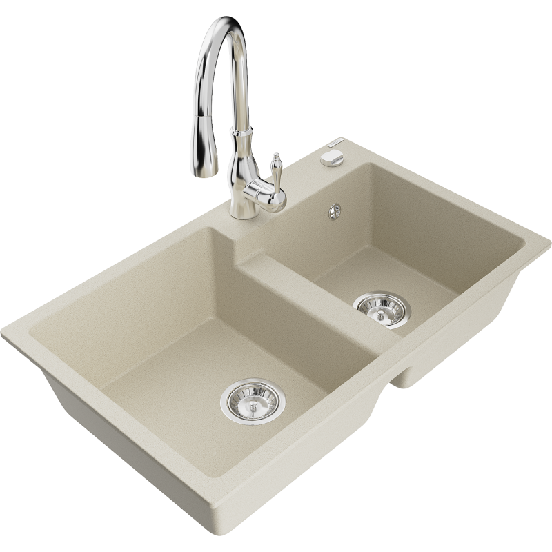 Mexen Tomas fregadero de granito de 2 compartimentos con grifo de cocina Savita, beige - 6516-69-672601-00