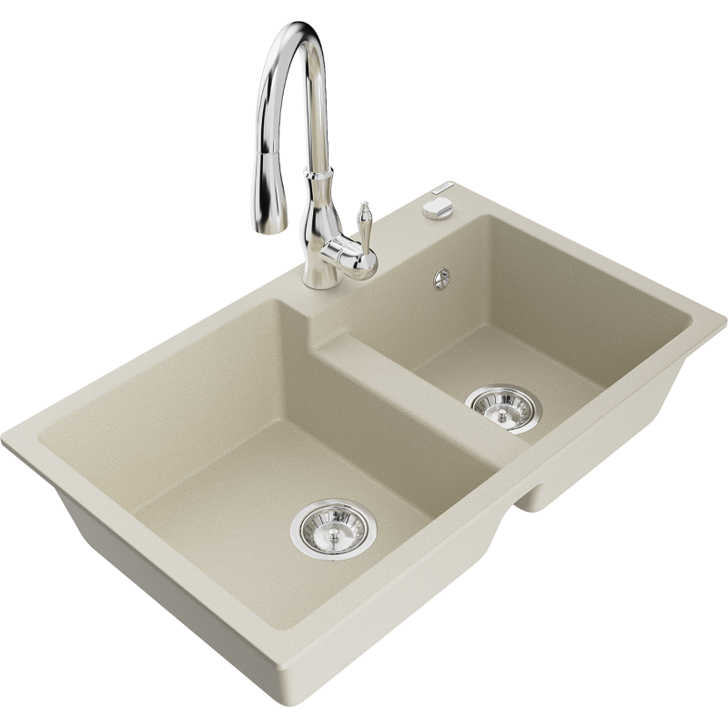 Mexen Tomas lava-louça de granito 2-bacias com torneira de cozinha Savita, bege - 6516-69-672601-00