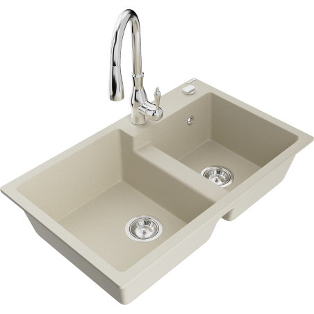Mexen Tomas granite kitchen sink 2-bowl with Savita kitchen tap, beige - 6516-69-672601-00