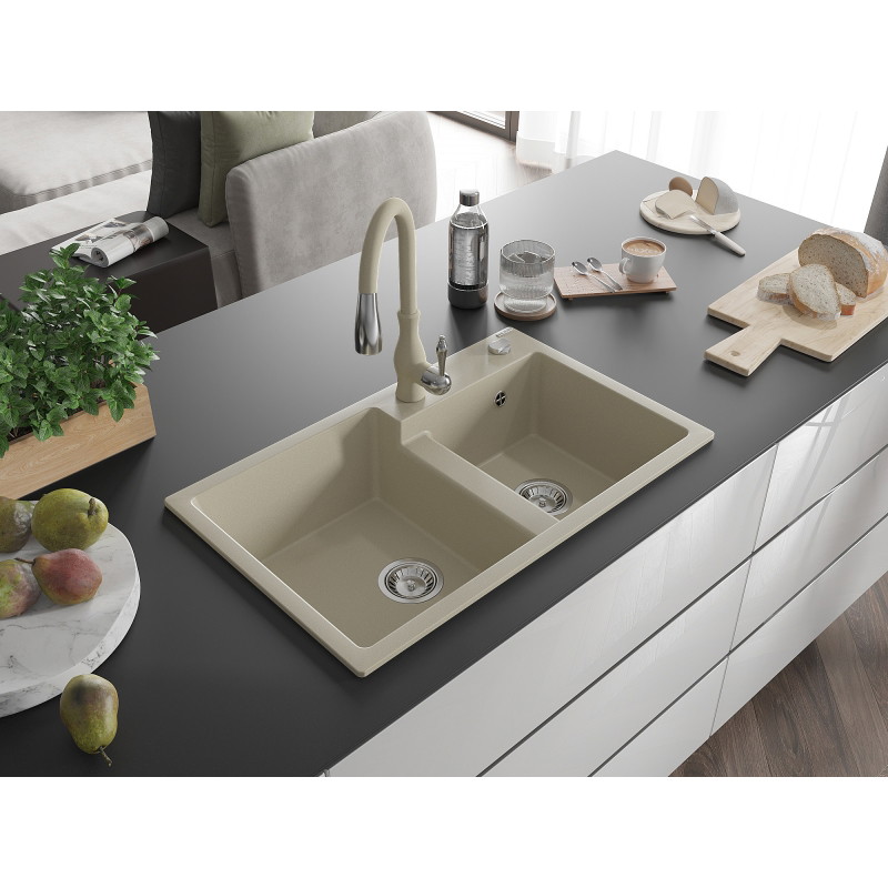 Mexen Tomas Granitspüle 2-Kammer mit Küchenbatterie Savita, beige - 6516-69-672601-69