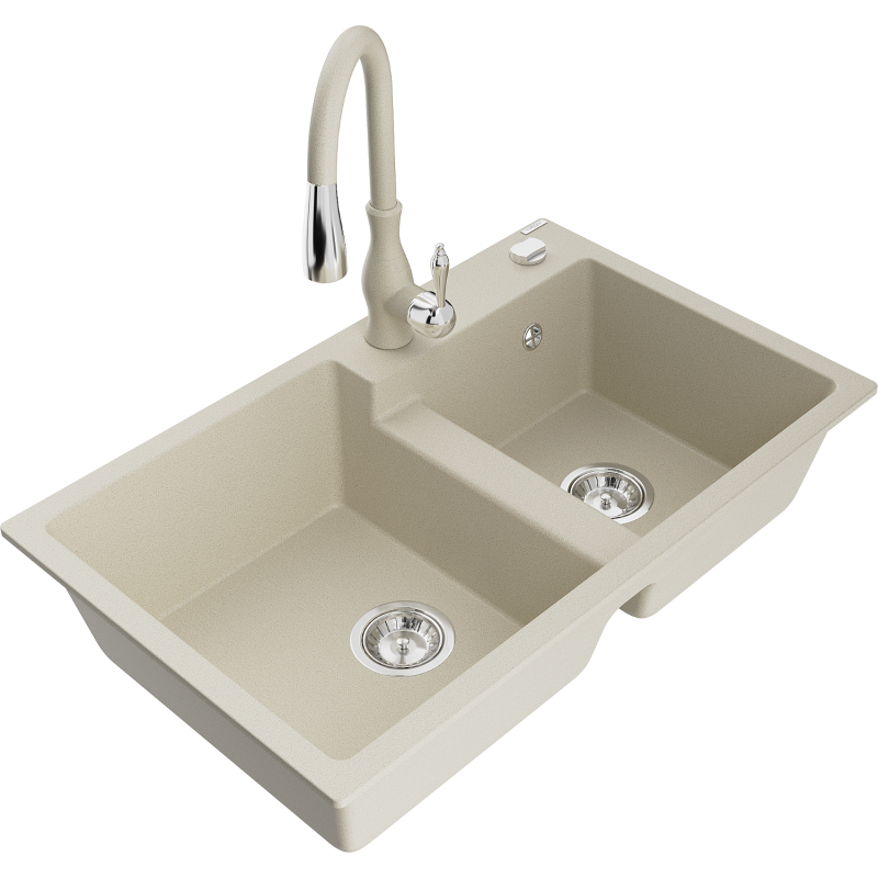 Mexen Tomas évier en granit à 2 bacs avec robinet de cuisine Savita, beige - 6516-69-672601-69