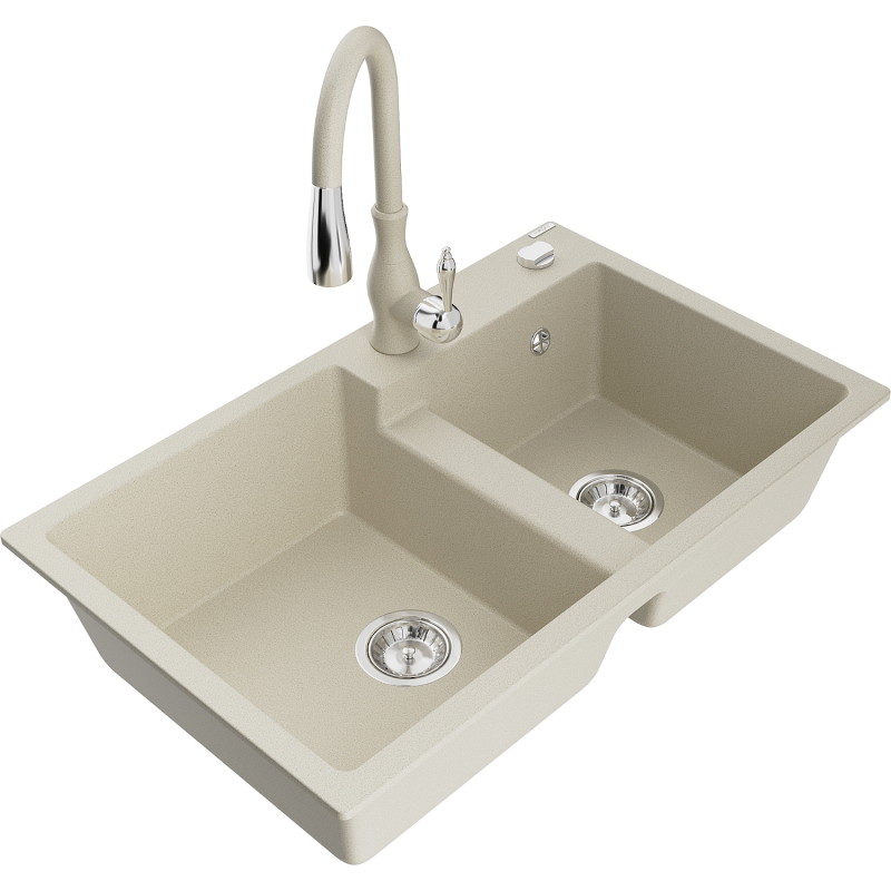 Mexen Tomas fregadero de granito de 2 senos con grifo de cocina Savita, beige - 6516-69-672601-69