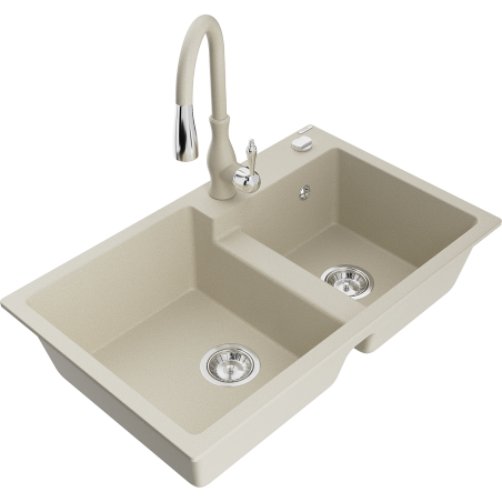 Mexen Tomas granite sink 2-bowl with Savita kitchen tap, beige - 6516-69-672601-69