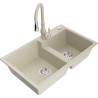 Mexen Tomas granite sink 2-bowl with Savita kitchen tap, beige - 6516-69-672601-69