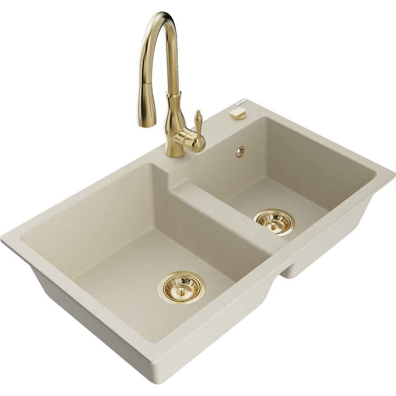 Mexen Tomas fregadero de granito de 2 senos con grifo de cocina Savita, beige - 6516-69-672601-50