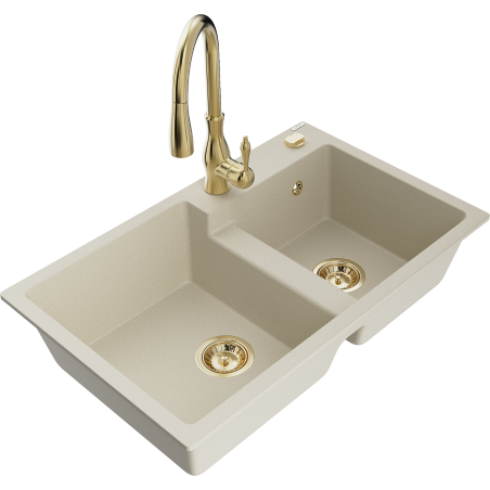 Mexen Tomas évier en granit 2 bacs avec robinet de cuisine Savita, beige - 6516-69-672601-50