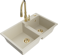 Mexen Tomas granite sink 2-bowl with Savita kitchen tap, beige - 6516-69-672601-50