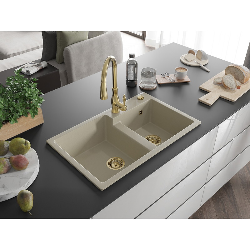 Mexen Tomas Granitspüle 2-Kammer mit Küchenarmatur Savita, beige - 6516-69-672601-50