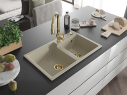 Mexen Tomas granite sink 2-bowl with Savita kitchen tap, beige - 6516-69-672601-50