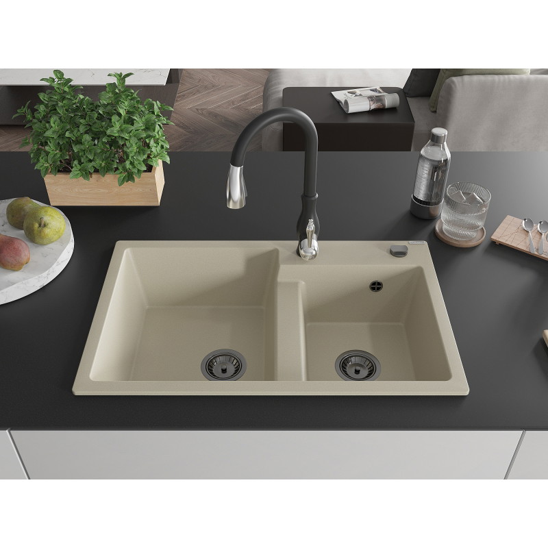 Mexen Tomas fregadero de granito de 2 senos con grifo de cocina Savita, beige - 6516-69-672601-70