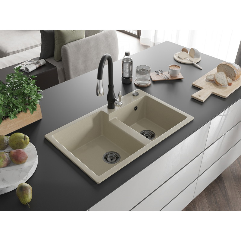 Mexen Tomas granitische dubbele spoelbak met keukenkraan Savita, beige - 6516-69-672601-70