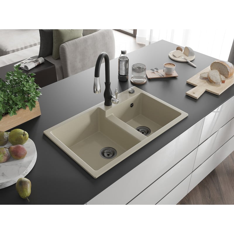 Mexen Tomas lavello in granito a 2 vasche con rubinetto da cucina Savita, beige - 6516-69-672601-70