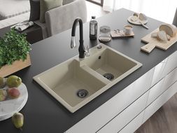 Mexen Tomas granieten gootsteen met 2 kommen en keukenkraan Savita, beige - 6516-69-672601-70