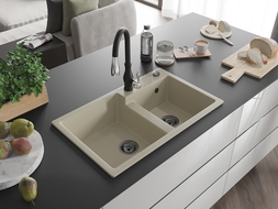 Mexen Tomas lavello in granito a 2 vasche con rubinetto da cucina Savita, beige - 6516-69-672601-70