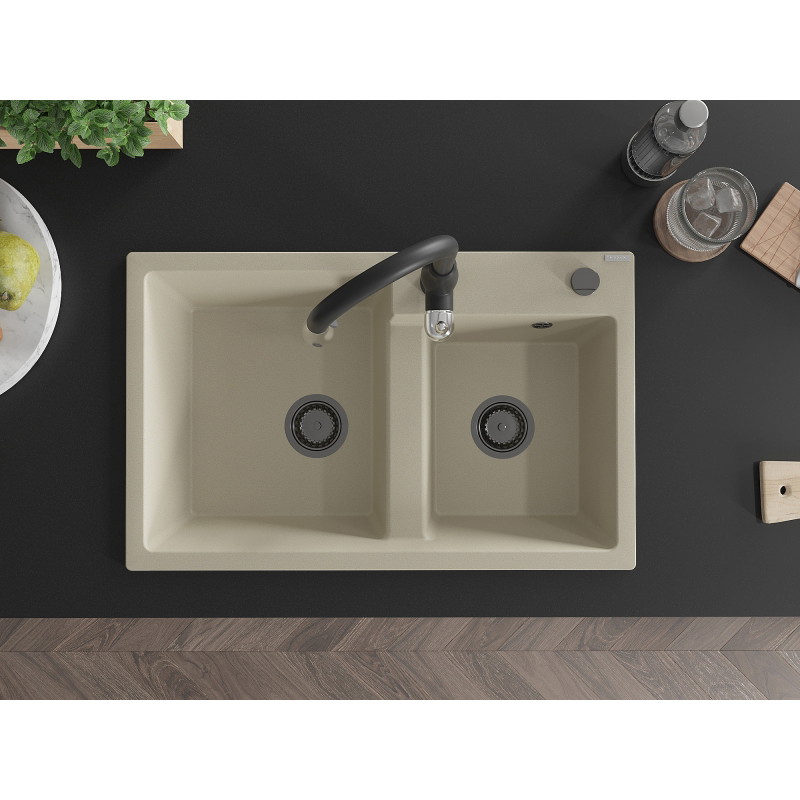 Mexen Tomas fregadero de granito de 2 senos con grifo de cocina Savita, beige - 6516-69-672601-70