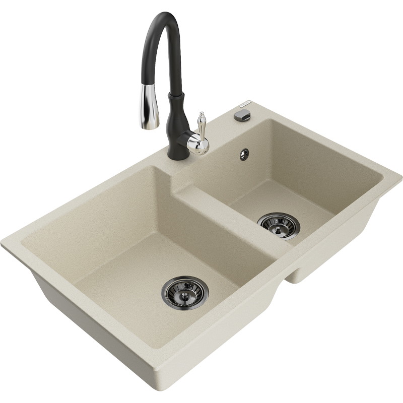 Mexen Tomas fregadero de granito de 2 compartimentos con grifo de cocina Savita, beige - 6516-69-672601-70