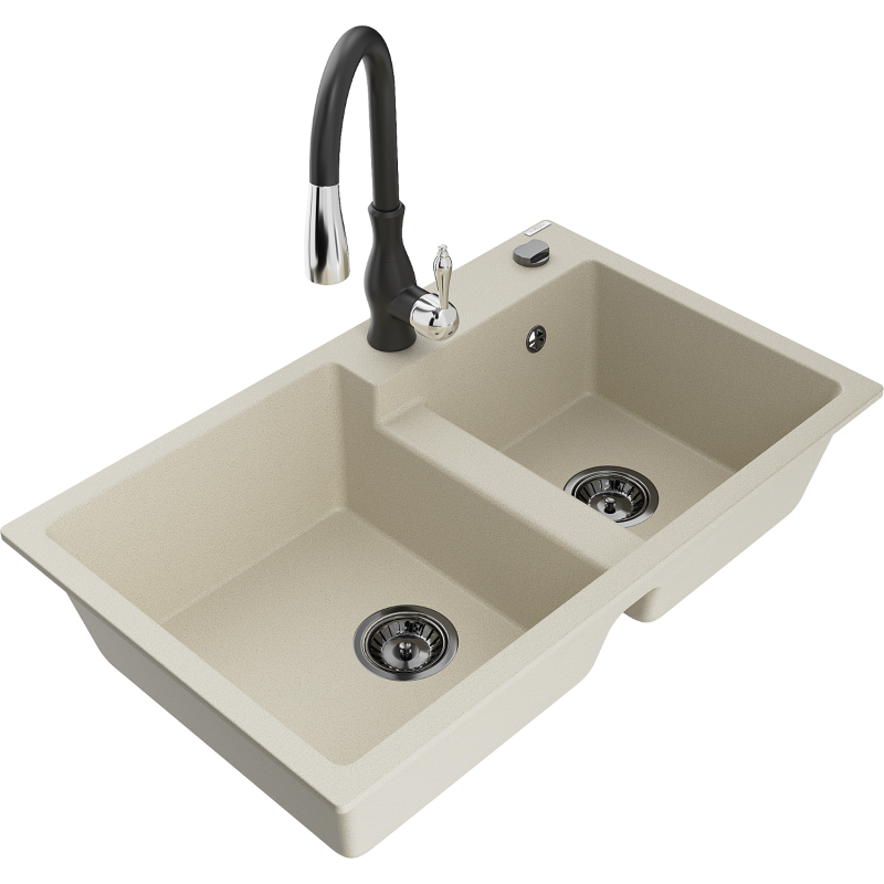 Mexen Tomas lava-louça de granito 2-cubas com torneira de cozinha Savita, bege - 6516-69-672601-70