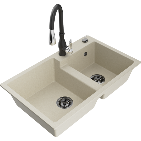 Mexen Tomas granite sink 2-bowl with Savita kitchen tap, beige - 6516-69-672601-70