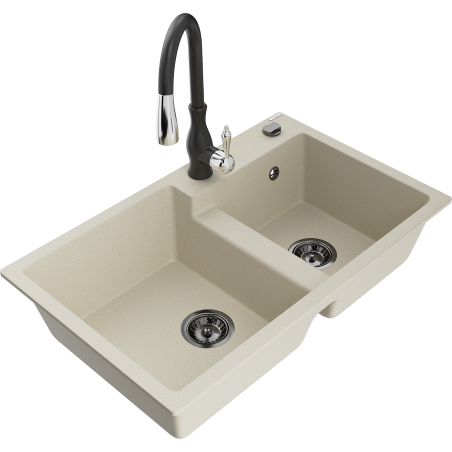 Mexen Tomas granitische dubbele spoelbak met keukenkraan Savita, beige - 6516-69-672601-70