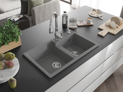Mexen Tomas fregadero de granito de 2 compartimentos con grifo de cocina Savita, gris - 6516-71-672601-00