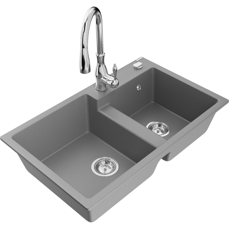 Mexen Tomas lava-loiça de granito 2-cubas com torneira de cozinha Savita, cinzento - 6516-71-672601-00