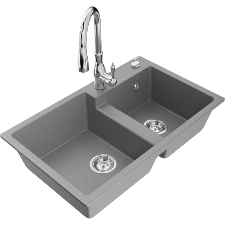 Mexen Tomas granitizlietne ar diviem nodalījumiem un virtuves jaucējkrānu Savita, pelēka - 6516-71-672601-00