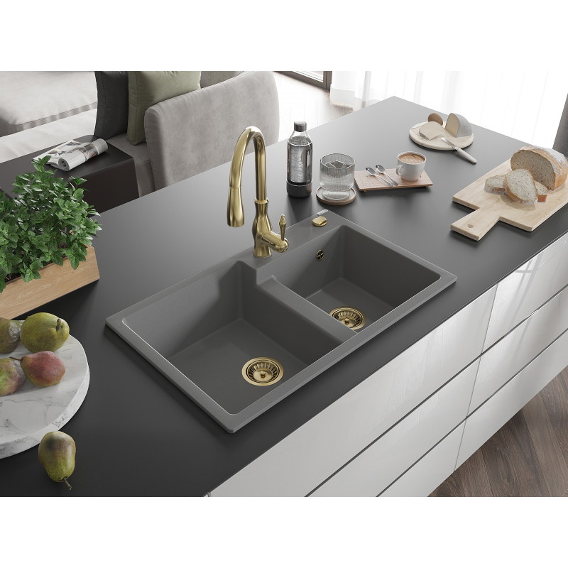 Mexen Tomas fregadero de granito de 2 compartimentos con grifo de cocina Savita, gris - 6516-71-672601-50