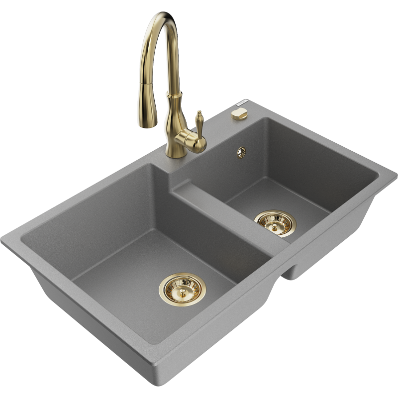 Mexen Tomas lava-loiça em granito 2-cubas com torneira de cozinha Savita, cinzento - 6516-71-672601-50