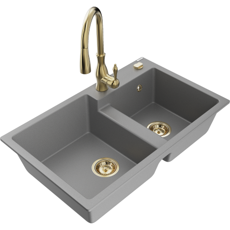 Mexen Tomas fregadero de granito de 2 compartimentos con grifo de cocina Savita, gris - 6516-71-672601-50