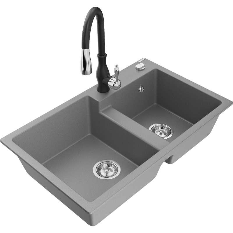 Mexen Tomas fregadero de granito de 2 senos con grifo de cocina Savita, gris - 6516-71-672601-70