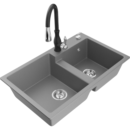 Mexen Tomas fregadero de granito de 2 senos con grifo de cocina Savita, gris - 6516-71-672601-70