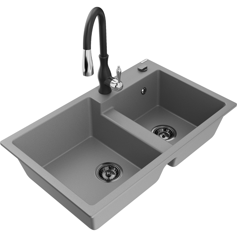 Mexen Tomas granite sink 2-bowl with Savita kitchen tap, grey - 6516-71-672601-70-B