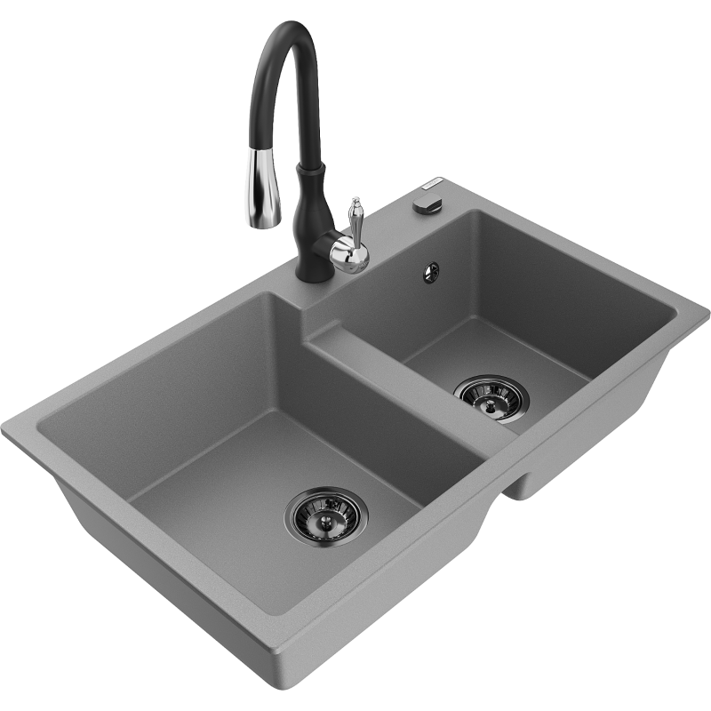 Mexen Tomas lava-loiça de granito 2-cubas com torneira de cozinha Savita, cinza - 6516-71-672601-70-B